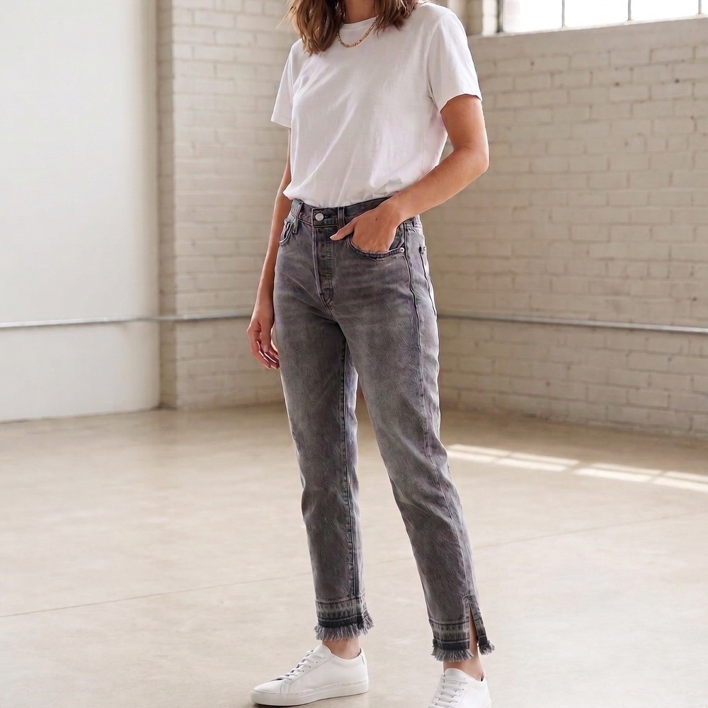 We The Free People Jeans Womens‎ 26 Black Straight Leg Mid Rise Button Fly Denim